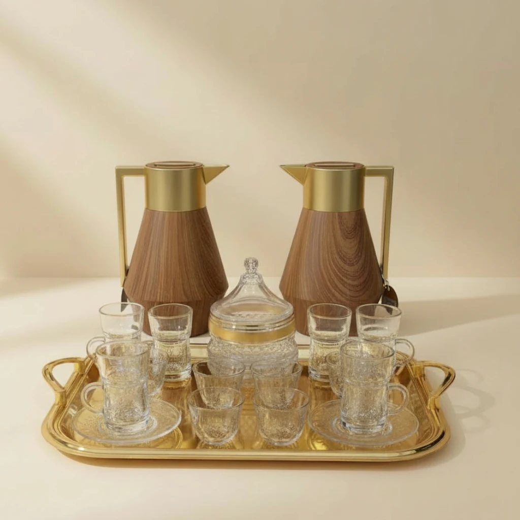 Wooden Pattern Vacuum Flask with Tea & Coffee Set 22 pcs