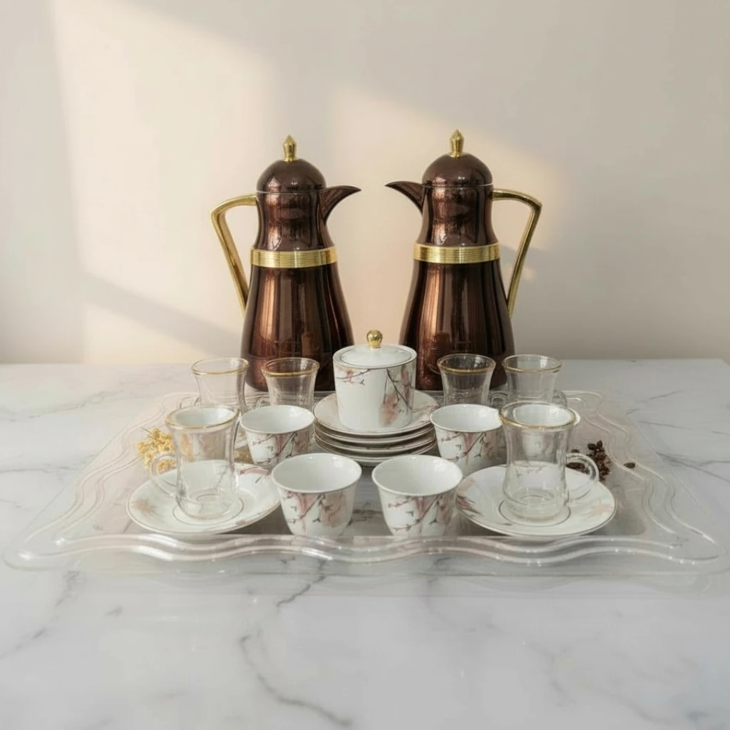 Brown Vacuum Flask with Tea & Coffee Set 22 pcs