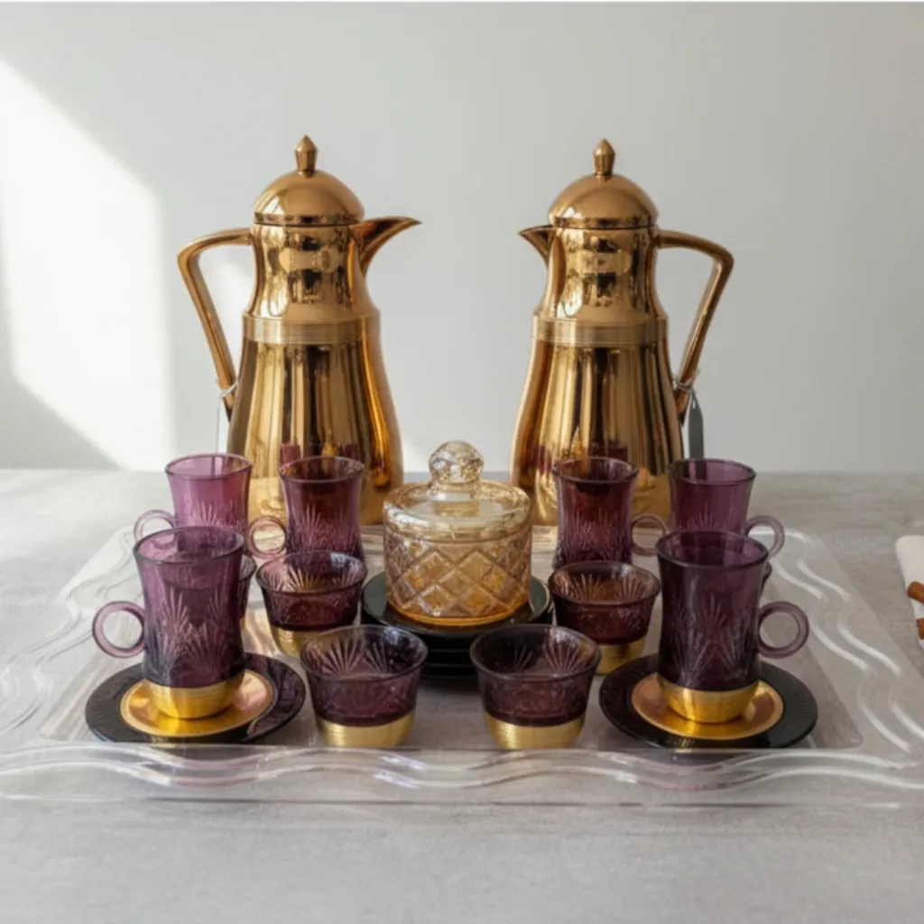 Brass and Purple Vacuum Flask with Tea & Coffee Set 26 pcs